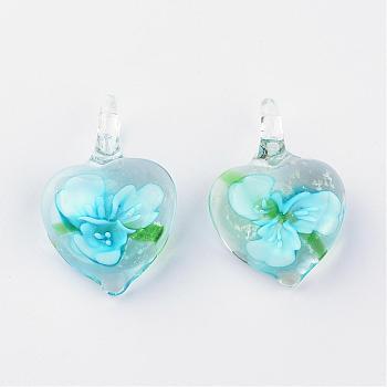 Handmade Luminous Lampwork Pendants, with Inner Flower, Heart, Deep Sky Blue, 27~33x21~23x9~11mm, Hole: 4~7mm