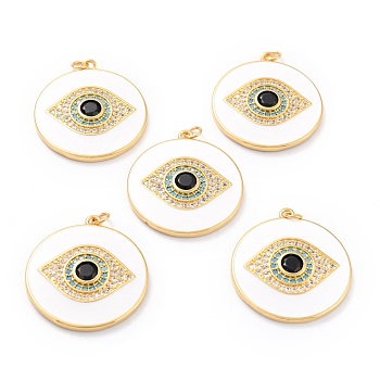 Real 18K Gold Plated Brass Micro Pave Cubic Zirconia Pendants, with Jump Ring and Enamel, Long-Lasting Plated, Flat Round with 
Evil Eye, White, 33x30x4mm, Jump Ring: 5x1mm, 3mm Inner Diameter