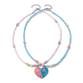 Alloy Enamel Split Pendant Necklaces, Glass Seed Bead Necklaces, Mixed Color, 16.54 inch(42cm), 2pcs/set