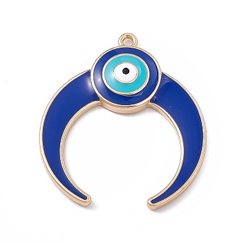 Alloy Enamel Pendants, Light Gold, Double Horn/Crescent Moon with Evil Eye Charm, Medium Blue, 41x35.5x5mm, Hole: 2.2mm