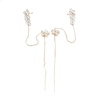 Flower Ear Cuff Wrap Climber Earrings, Crawler Earrings Dangling Chain, with Silver Pins, Golden, 175mm, Pin: 0.6mm