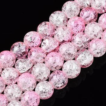Baking Painted Crackle Glass Bead Strands, Two Tone, Round, Pink, 8mm, Hole: 1.3~1.6mm, about 100pcs/strand, 31.4 inch
