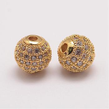 Brass Micro Pave Cubic Zirconia Beads, Round, Golden, 8.5x8mm, Hole: 1.5mm