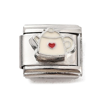 Tea Pot 304 Stainless Steel Enamel Coffee Connector Charms, DIY Handmade Module Bracelet Accessories, Stainless Steel Color, White, 10x9x6.5mm