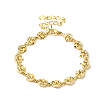 Clear Cubic Zirconia Moon & Star Link Chain Bracelet, Rack Plating Brass Jewelry for Women, Lead Free & Cadmium Free, Long-Lasting Plated, Real 18K Gold Plated, 7-1/4 inch(18.3cm)