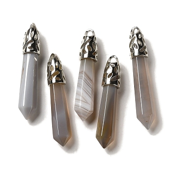 Natural Grey Agate Pointed Big Pendants, Faceted Bullet Charms with Rack Plating Platinum Plated Brass Findings, 56~65x11~11.5x10~10.5mm, Hole: 4X3mm