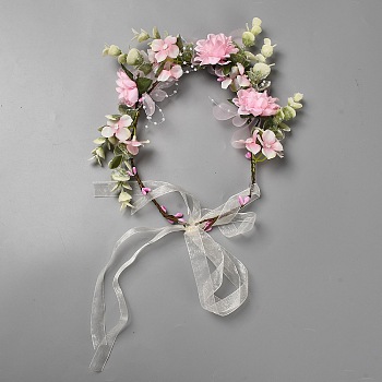 Cloth Artificial Flower Garland Headbands, Plastic Flower Crown Headbands for Women Girls, Pink, 1350mm