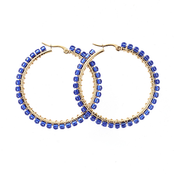 304 Stainless Steel Big Hoop Earrings, with Brass Rhinestone Cup Chain, Ring Shape, Golden, Sapphire, 48~49x50x3mm, Pin: 0.5x1mm