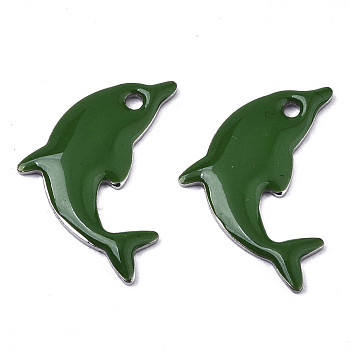 201 Stainless Steel Enamel Pendants, Dolphin, Stainless Steel Color, Dark Green, 17x11.5x1.5mm, Hole: 1.2mm