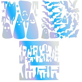 3 Sheets 3 Styles Halloween Laser PVC Waterproof Car Stickers, Self-Adhesive Decals, for Vehicle Decoration, Colorful, Ghost & Bat & Star Pattern, Mixed Patterns, 289~293x289~301x0.2mm, Stickers: 17~190x26~277mm, 1 sheet/style
