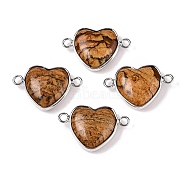 Natural Picasso Jasper Love Heart Pendants, Brass Heart Charms, Platinum, 15.5x23x6mm, Hole: 1.8~2mm(G-T138-205J-P)