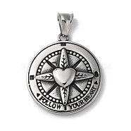 304 Stainless Steel Pendants, Viking Compass with Heart & Word Follow Your Heart, Antique Silver, 35.5x31x5mm, Hole: 8.5x3.5mm(STAS-D014-14AS)