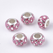 Resin European Beads, Large Hole Beads, with Rhinestone & Platinum Tone Brass Single Core, Rondelle, Hot Pink, 11.5x8mm, Hole: 5mm(RPDL-T002-02I)