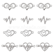 40Pcs 4 Styles Heart Theme Alloy Rhinestone & Cubic Zirconia Connector Charms, Mixed Shapes, Antique Silver & Platinum, 12.5~29.5x15.5~28x1.5~2.5mm, Hole: 1.4~1.6mm, 10pcs/style(RB-SC0001-11)