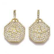 Brass Micro Pave Cubic Zirconia Pendants, Octagon with Star, Nickel Free, Clear, Real 16K Gold Plated, 16.5x14x2.5mm, Hole: 1.5mm(ZIRC-T013-11G-NF)