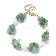 Natural Green Aventurine Chips & Pearl Beaded Bracelet, with 304 Stainless Steel Clasps, 7-1/4 inch(18.5cm)(BJEW-TA00349-01)