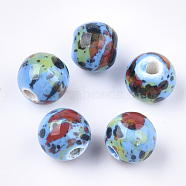 Handmade Porcelain Beads, Fancy Antique Glazed Porcelain, Round, Deep Sky Blue, 10.5x9.5mm, Hole: 2.5mm(PORC-Q262-03P)