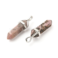 2Pcs Natural Rhodonite Double Terminated Pointed Pendants, Faceted Bullet Charms, with Random Alloy Pendant Hexagon Bead Cap Bails, Platinum, 37~40x12mm, Hole: 3x4mm(G-YW0002-05C)