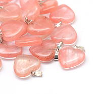 Heart Cherry Quartz Glass Pendants, with Platinum Tone Brass Findings, 20~22x20~21x5~8mm, Hole: 2x7mm(X-G-Q438-09)