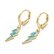 Lightning Bolt Real 18K Gold Plated Brass Dangle Leverback Earrings, with Enamel, Turquoise, 29x5.5mm(EJEW-L268-010G-04)