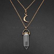 Natural Quartz Crystal Cone Pendant Double Layer Necklace, with Moon Charms, 19.69 inch(50cm)(UX9990-26)
