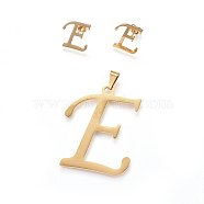 (Jewelry Parties Factory Sale), 304 Stainless Steel Pendants and Stud Earrings Jewelry Sets, Alphabet, Letter.E, 49x40x1.7mm, Hole: 9x4.5mm, 16.5x15x1.5mm, Pin: 0.8mm(SJEW-P100-05G)