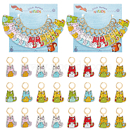 Cat Printed Wooden Pendant Stitch Markers, Crochet Leverback Hoop Charms, Locking Stitch Marker with Wine Glass Charm Ring, Mixed Color, 4cm, 12pcs/set, 2 sets/box(HJEW-AB00320)