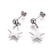 304 Stainless Steel Dangle Stud Earrings, Hypoallergenic Earrings, with Ear Nuts/Earring Back, Star, Stainless Steel Color, 22.5mm, Pin: 0.6mm, 6pairs/card(EJEW-F234-17P)
