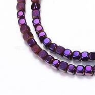 Electroplate Non-magnetic Synthetic Hematite Bead Strands, with Matte Style, Cube, Purple Plated, 3x3x3mm, Hole: 1mm, about 142pcs/strand, 15.7 inch(G-Q467-11B)