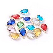 Glass Pendants, with Eco-Friendly Alloy Open Back Berzel Findings, Faceted, teardrop, Light Gold, Mixed Color, 18x12x5mm, Hole: 1.4mm(X-GLAA-A037-G-KC)