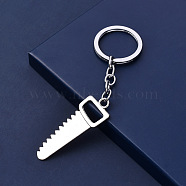 Alloy Pendant Keychain, with Key Rings, Handsaw, Platinum, 5.5~6.5cm(KEYC-PW0002-071N)