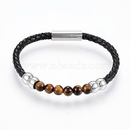 Braided Leather Cord Bracelets, with Natural Tiger Eye and 304 Stainless Steel Magnetic Clasps, 8-1/4 inch(21cm), 5~8mm, Bead: 6.5mm(BJEW-K206-B-03)