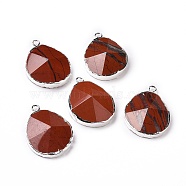 Natural Red Jasper Jasper Pendants, with Brass Findings, Faceted, Drop, Silver, 31~35x20~25x7~9mm, Hole: 2.5mm(G-I207-14P-S)