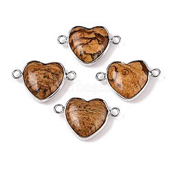 Natural Picasso Jasper Love Heart Pendants, Brass Heart Charms, Platinum, 15.5x23x6mm, Hole: 1.8~2mm(G-T138-205J-P)