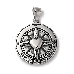 304 Stainless Steel Pendants, Viking Compass with Heart & Word Follow Your Heart, Antique Silver, 35.5x31x5mm, Hole: 8.5x3.5mm(STAS-D014-14AS)