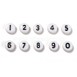 Acrylic Beads, Flat Round with Number 0~9, White, 7x4mm, Hole: 1.3mm, 10numbers, about 100pcs/number, 1000pcs(SACR-JQ0001-06)