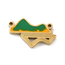 Ion Plating(IP) 304 Stainless Steel Green Enamel Connector Charms, Textured and Laser Cut, Mountain Links, Real 18K Gold Plated, 9x15x1.5mm, Hole: 0.9mm(STAS-Q301-18G)