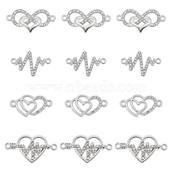 40Pcs 4 Styles Heart Theme Alloy Rhinestone & Cubic Zirconia Connector Charms, Mixed Shapes, Antique Silver & Platinum, 12.5~29.5x15.5~28x1.5~2.5mm, Hole: 1.4~1.6mm, 10pcs/style(RB-SC0001-11)