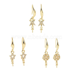 3 Pairs 3 Size Brass Micro Pave Clear Cubic Zirconia Earring Hooks, Ear Wire, For Half-drilled Bead, Star & Flower, Golden & Silver, 26~32mm, Pin: 1mm, 3pairs/box(KK-ZZ0001-03)