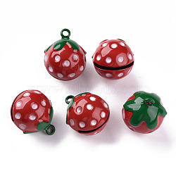 Baking Painted Brass Bell Pendants, Strawberry, Red, 21.5x17.5x17mm, Hole: 2mm(KKB-S002-012C)