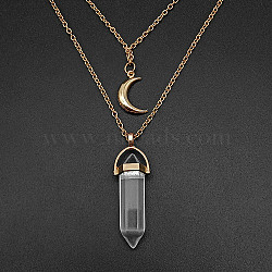Natural Quartz Crystal Cone Pendant Double Layer Necklace, with Moon Charms, 19.69 inch(50cm)(UX9990-26)