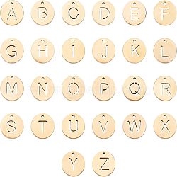 26Pcs 26 Letters 304 Stainless Steel Charms, Ion Plating (IP), Flat Round with Alphabet, Letter A~Z, 10x1.5mm, Hole: 1mm, 1pc/letter(STAS-UN0021-27G)