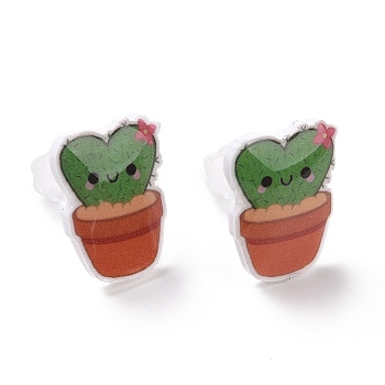 Acrylic Cute Plants Stud Earrings with Plastic Pins for Women, Heart Pattern, 14x11mm, Pin: 1mm