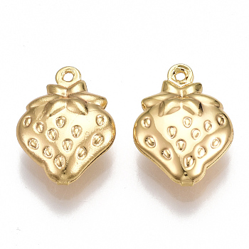 Brass Charms, Strawberry, Nickel Free, Real 18K Gold Plated, 15x11x4mm, Hole: 1.5mm