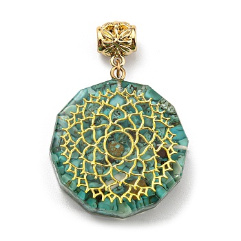 Synthetic Turquoise European Dangle Polygon Charms, Large Hole Pendant with Golden Plated Alloy Flower Slice, 53mm, Hole: 5mm, Pendant: 39x35x11mm