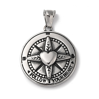 304 Stainless Steel Pendants, Viking Compass with Heart & Word Follow Your Heart, Antique Silver, 35.5x31x5mm, Hole: 8.5x3.5mm