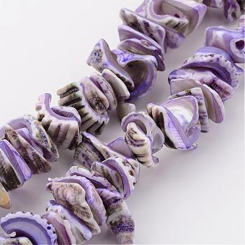 Natural Shell Bead Strands, Dyed, Nuggets, Medium Orchid, 10~20x8~12x3~6mm, Hole: 1mm, about 15.7 inch