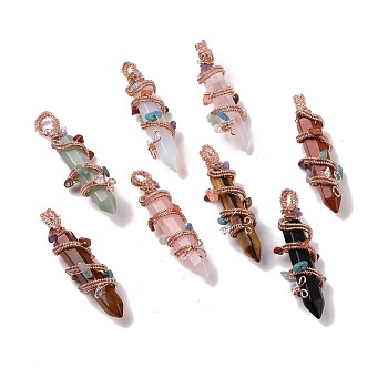 Natural & Synthetic Gemstone Pointed Big Pendants, with Rose Gold Plated Rack Plating Brass Findings and Mixed Stone Chip Beads, Cadmium Free & Lead Free, Faceted, Bullet Charm, Mixed Dyed and Undyed, 64~68x16~17x16~17mm, Hole: 7.5mm