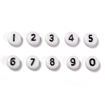 Acrylic Beads, Flat Round with Number 0~9, White, 7x4mm, Hole: 1.3mm, 10numbers, about 100pcs/number, 1000pcs