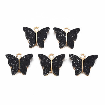 Resin Pendants, with Glitter Powder and Light Gold Plated Alloy Findings, Cadmium Free & Lead Free, Butterfly, , Black, 14x16x3.5mm, Hole: 1.6mm